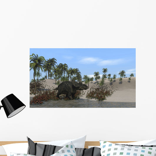 Triceratops Walking along Shoreline Wall Decal Design 3