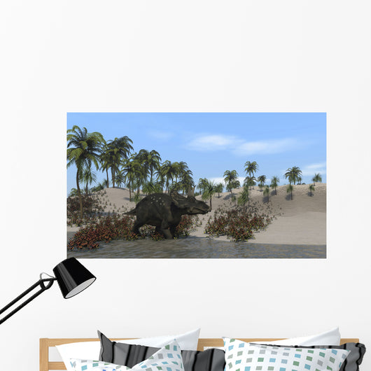 Triceratops Walking along Shoreline Wall Decal Design 3