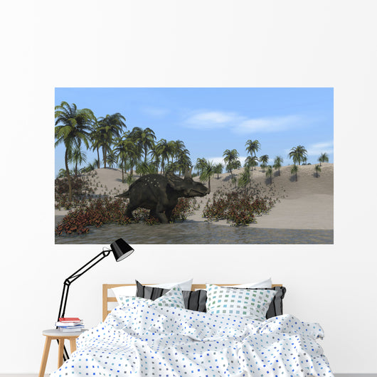 Triceratops Walking along Shoreline Wall Decal Design 3