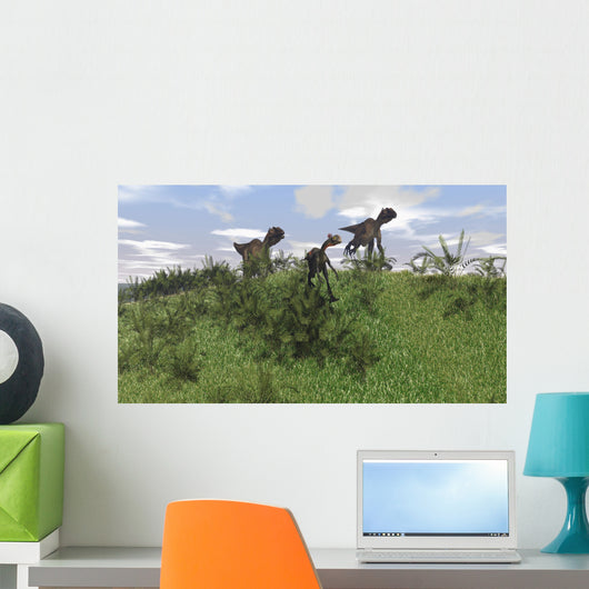 Two Utahraptors Chasing Gigantoraptor Wall Decal Design 1