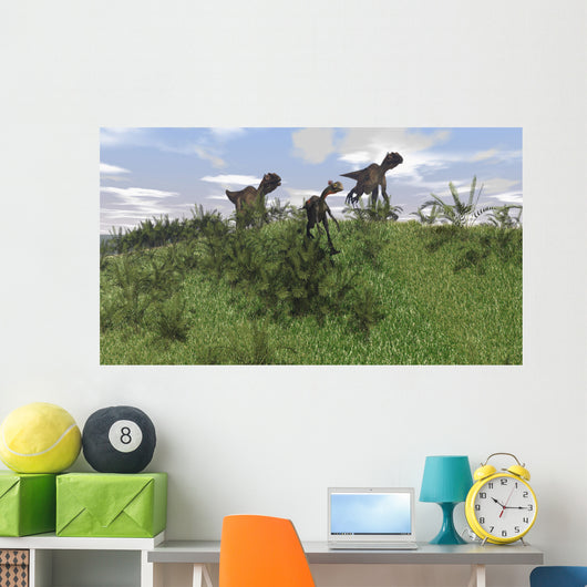 Two Utahraptors Chasing Gigantoraptor Wall Decal Design 1