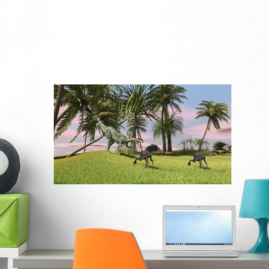 Dilophosaurus Chasing Two Gigantoraptors Wall Decal