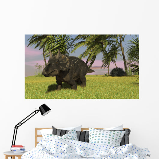 Triceratops Roaming Tropical Environment Wall Decal Design 1