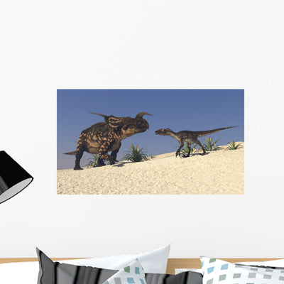 Brown Einiosaurus and Utahraptor Wall Decal shown on a wall