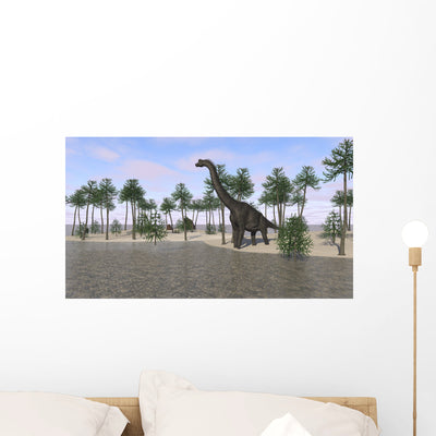 Large Brachiosaurus Standing Water's Wall Decal shown on a wall