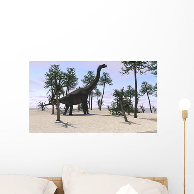 Large Brachiosaurus Tropical Environment Wall Decal Design 2 shown on a wall