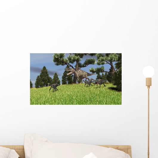 Ceratosaurus Chasing Group Gigantoraptors Wall Decal