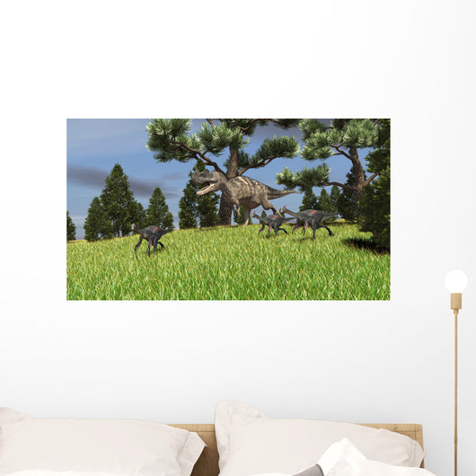 Ceratosaurus Chasing Group Gigantoraptors Wall Decal