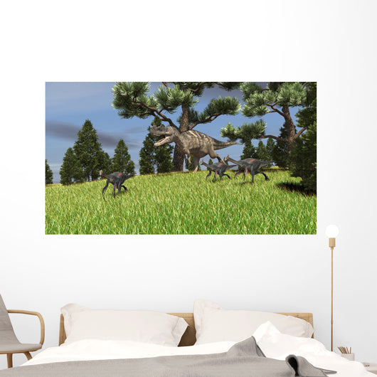 Ceratosaurus Chasing Group Gigantoraptors Wall Decal