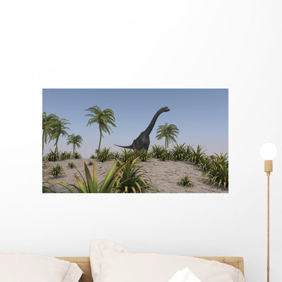 Large Brachiosaurus Roaming Prehistoric Wall Decal Design 2 shown on a wall
