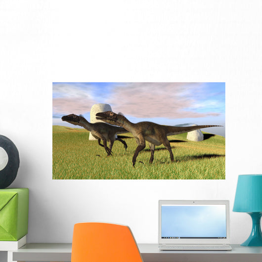 Pair Utahraptors Grassy Field Wall Decal