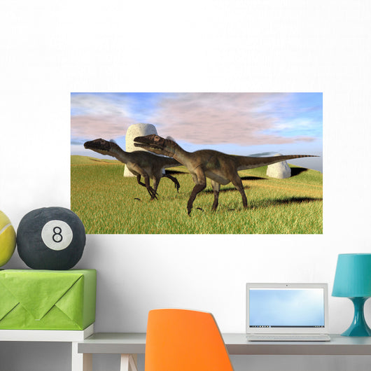 Pair Utahraptors Grassy Field Wall Decal