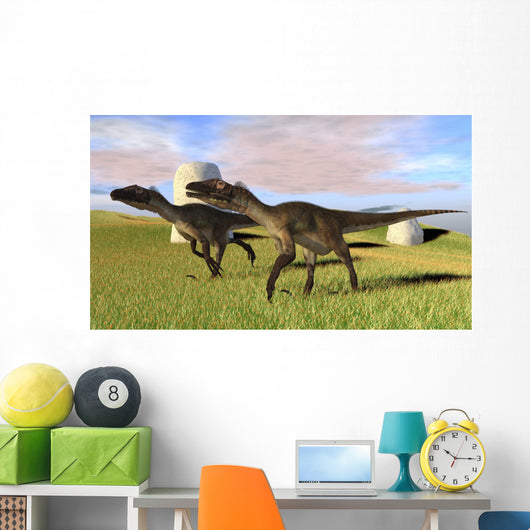 Pair Utahraptors Grassy Field Wall Decal