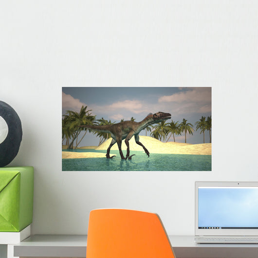 Utahraptor Walking across Riverbed Wall Decal
