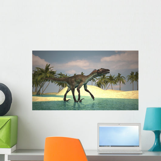 Utahraptor Walking across Riverbed Wall Decal