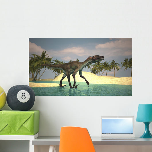 Utahraptor Walking across Riverbed Wall Decal