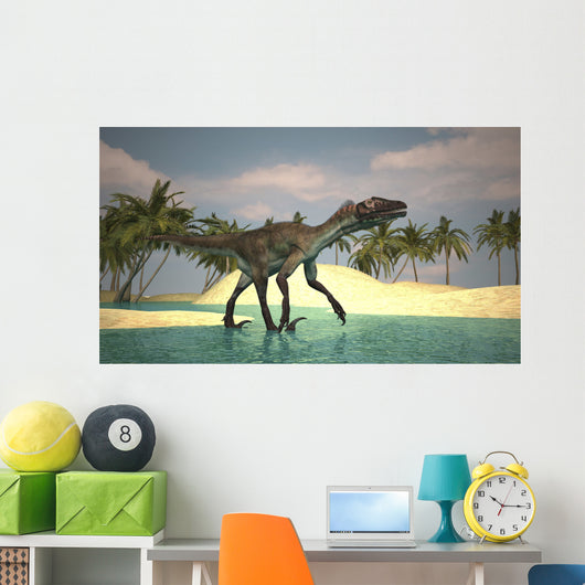 Utahraptor Walking across Riverbed Wall Decal