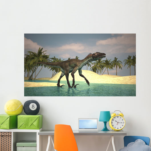 Utahraptor Walking across Riverbed Wall Decal
