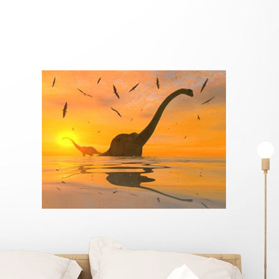 Diplodocus Dinosaurs Bathe Large Wall Decal Design 1 shown on a wall