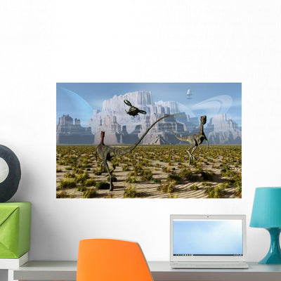 Pair Compsognathus Dinosaurs Startled Wall Decal shown on a wall