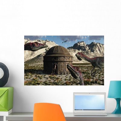 Group Compsognathus Dinosaurs Gather Wall Decal shown on a wall