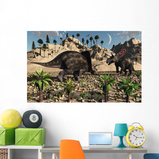 Pair Torosaurus Dinosaurs Fight Wall Decal Design 2