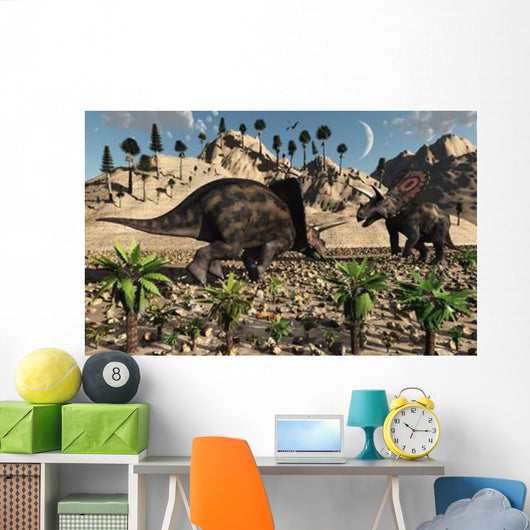 Pair Torosaurus Dinosaurs Fight Wall Decal Design 2