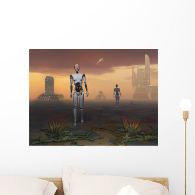 Androids Explore Alien Planet Wall Decal shown on a wall