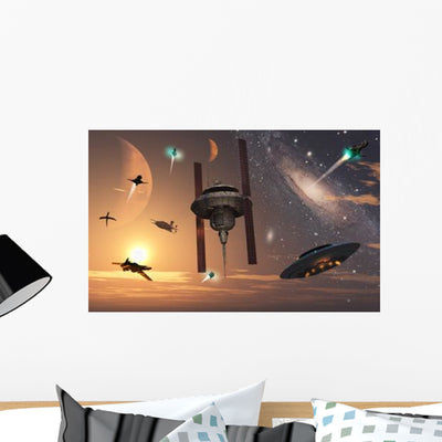 Spaceships Used Different Alien Wall Decal shown on a wall