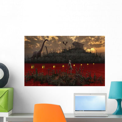 Reptoid Looks across River Wall Decal shown on a wall
