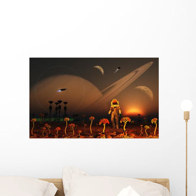 Futuristic Outpost Moon Distant Wall Decal shown on a wall