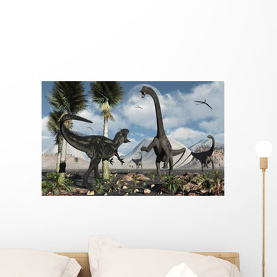 Carnivorous Allosaurus Confronts Diplodocus Wall Decal shown on a wall
