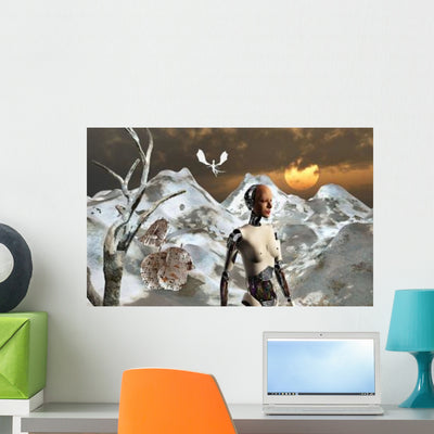 Crashed Spaceship Mountains Alien Wall Decal shown on a wall