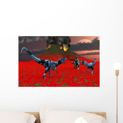 Sci-fi Scene Pair Allosaurus Wall Decal shown on a wall