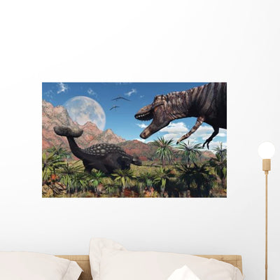 T Rex Confronts Ankylosaurus Wall Decal Design 2 shown on a wall