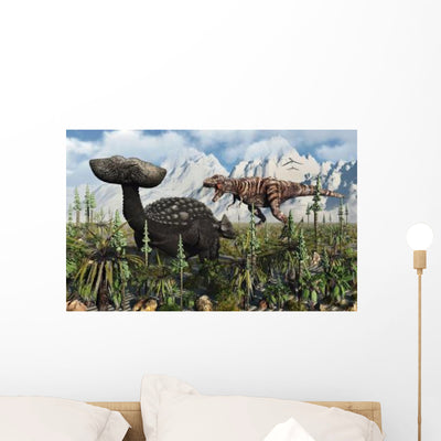 T Rex Confronts Ankylosaurus Wall Decal Design 1 shown on a wall