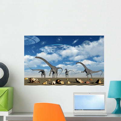 Omeisaurus Dinosaurs Are Startled Wall Decal shown on a wall