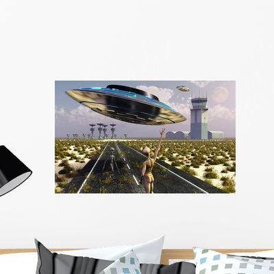 Alien Spaceport Top Secret Wall Decal shown on a wall