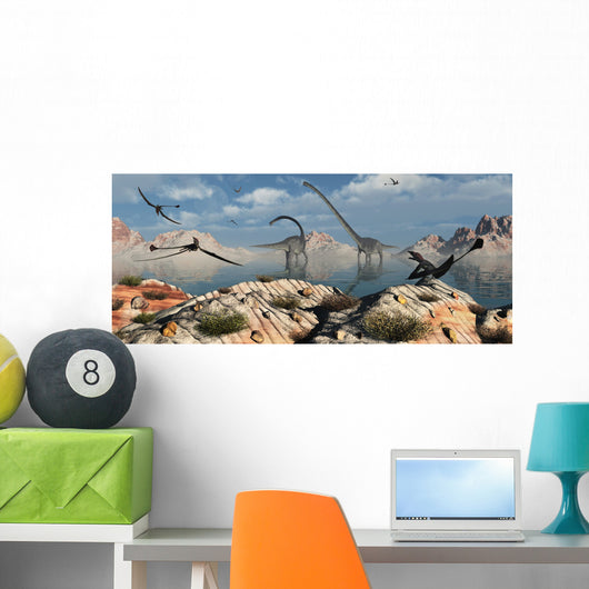 Herd Omeisaurus Dinosaurs Feeding Wall Decal Design 1