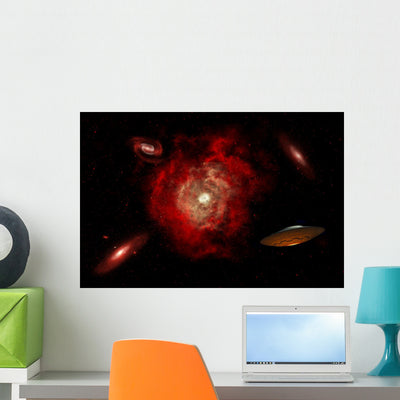 Alien Flying Saucer Traveling Wall Decal shown on a wall