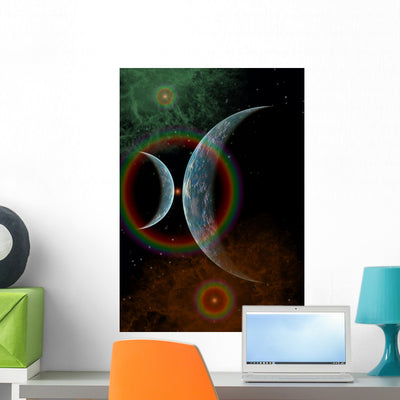 Two Alien Planets Distant Wall Decal shown on a wall