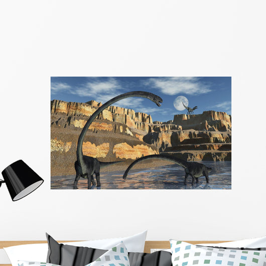 Omeisaurus Dinosaurs Being Stalked Distant Wall Decal