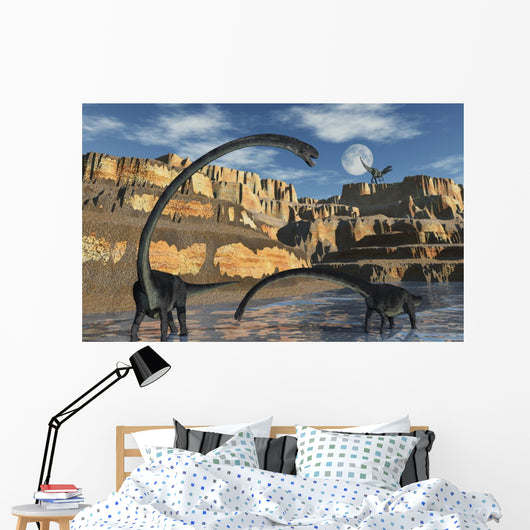 Omeisaurus Dinosaurs Being Stalked Distant Wall Decal