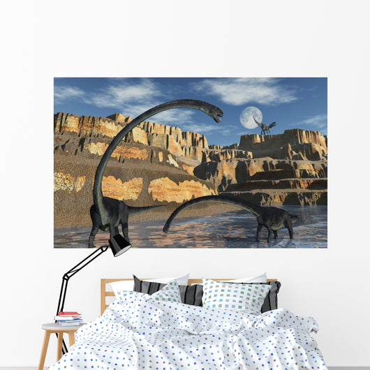 Omeisaurus Dinosaurs Being Stalked Distant Wall Decal