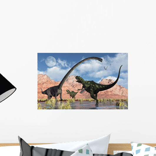 Pair Yangchuanosaurus Dinosaurs Confront Pond Wall Decal