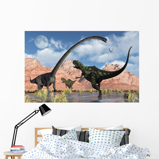 Pair Yangchuanosaurus Dinosaurs Confront Pond Wall Decal
