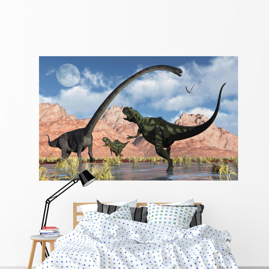 Pair Yangchuanosaurus Dinosaurs Confront Pond Wall Decal