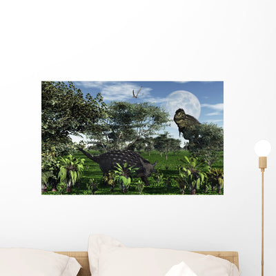 Tyrannosaurus Rex Stalking Herbivorous Wall Decal shown on a wall