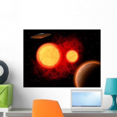 Flying Saucer Flying through Wall Decal shown on a wall