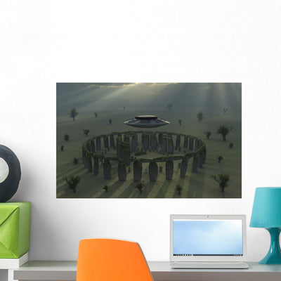 Ufo and Its Alien Crew in Stone Circle Wall Decal shown on a wall